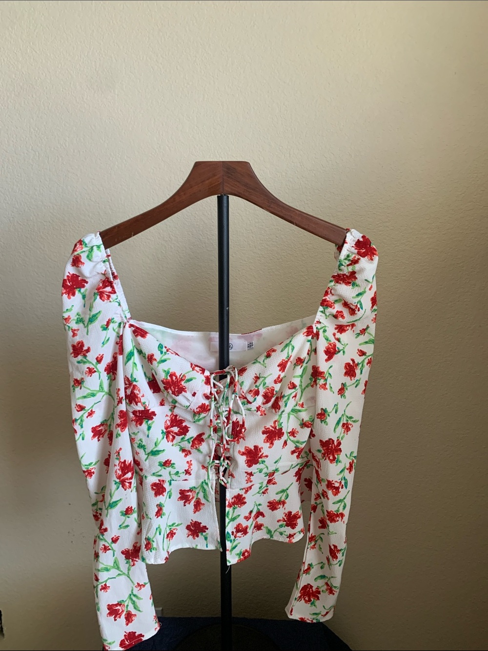 Floral Lace-Up Long Sleeve Top - White with Red Floral